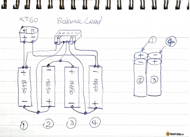 Схема подключения для 4S батарейной установки Li-ion с разъемами XT60 и балансными разъемами