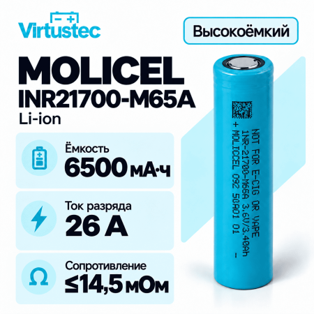 Аккумулятор Molicel 21700 M65A Li-ion 3,7 Вольт 6500 мА*ч