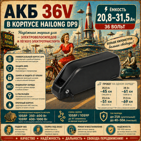 АКБ 36 Вольт от 20,8 А*ч Li-ion, корпус Hailong (DP9)